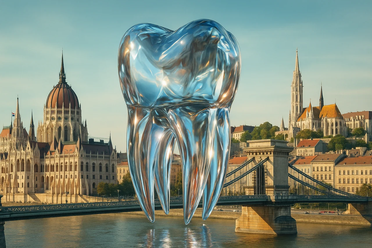 Original ADOH conference illustration of Budapest and a silver tooth